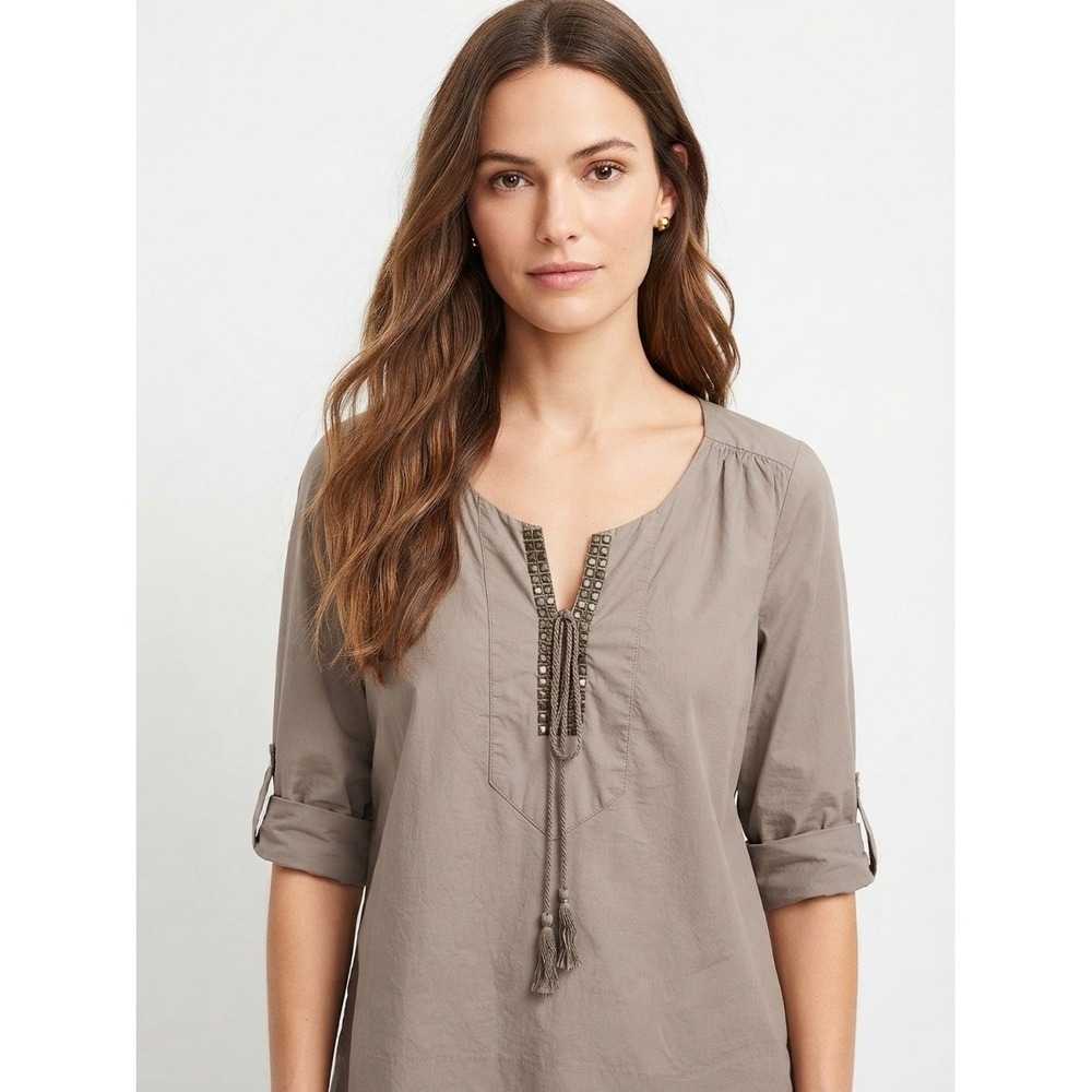 J.Crew Studded Tassel Boho Blouse Top Roll Tab Sleeve Cotton Taupe Gray Size 8